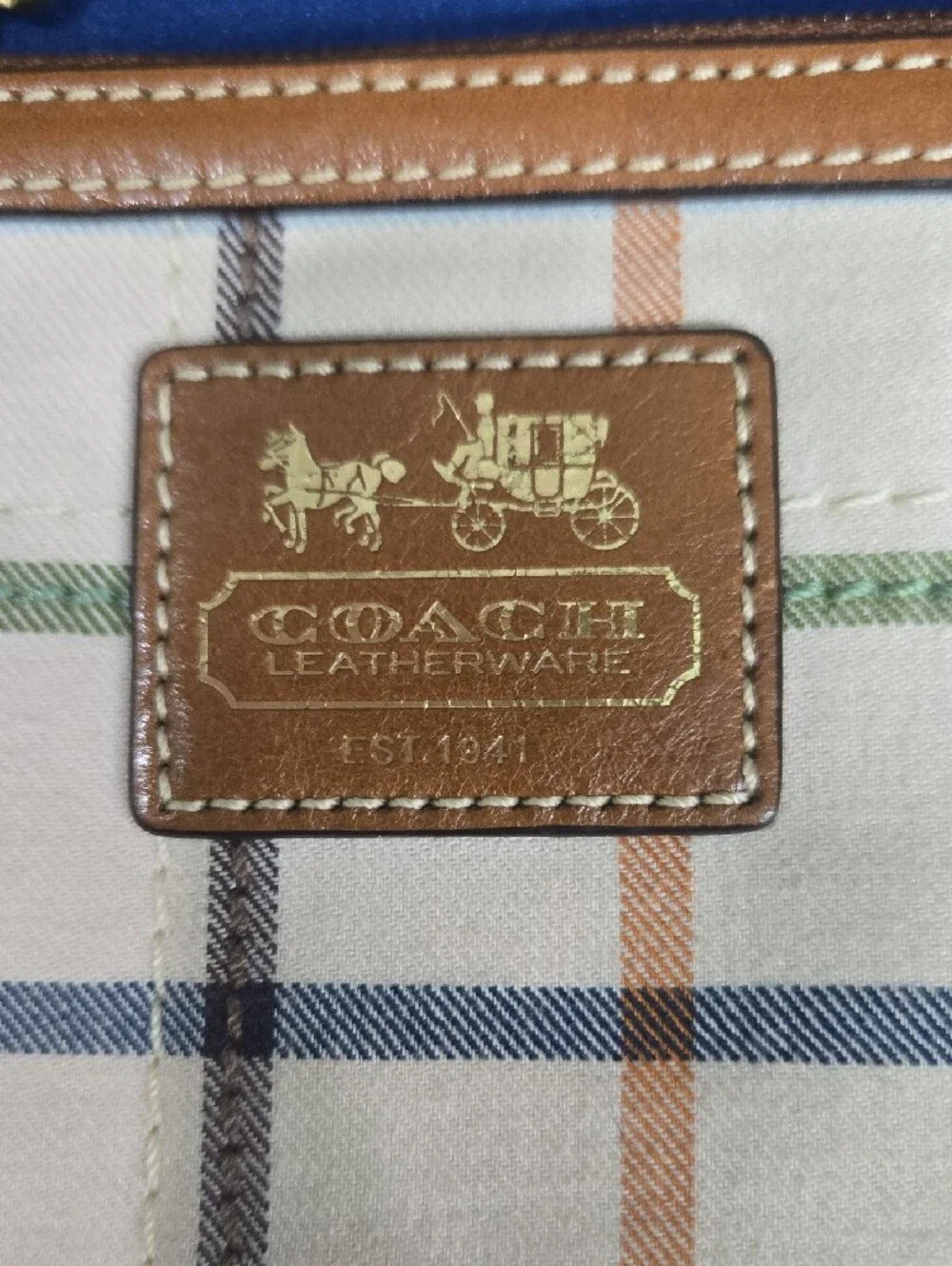 Coach Tattersall Canvas Wristlet with Tan Leather Trim